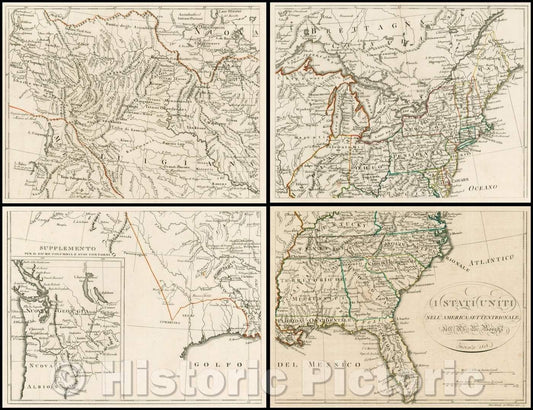 Historic Map - I Statti Uniti Nell'America Settentrionale/Four sheet Map of America by A.B. Borghi, published in Florence, 1818, Borghi - Vintage Wall Art