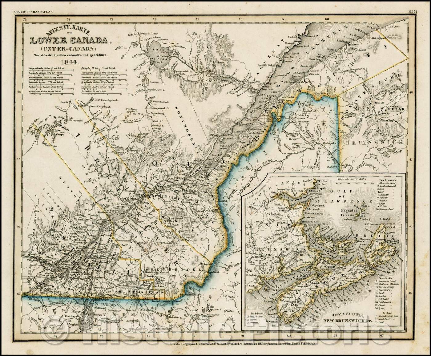 Historic Map - Neueste Karte von Lower Canada. Unter-Canada Nach d: besten Quellen entworfen und gezeichnet, 1844, Joseph Meyer - Vintage Wall Art