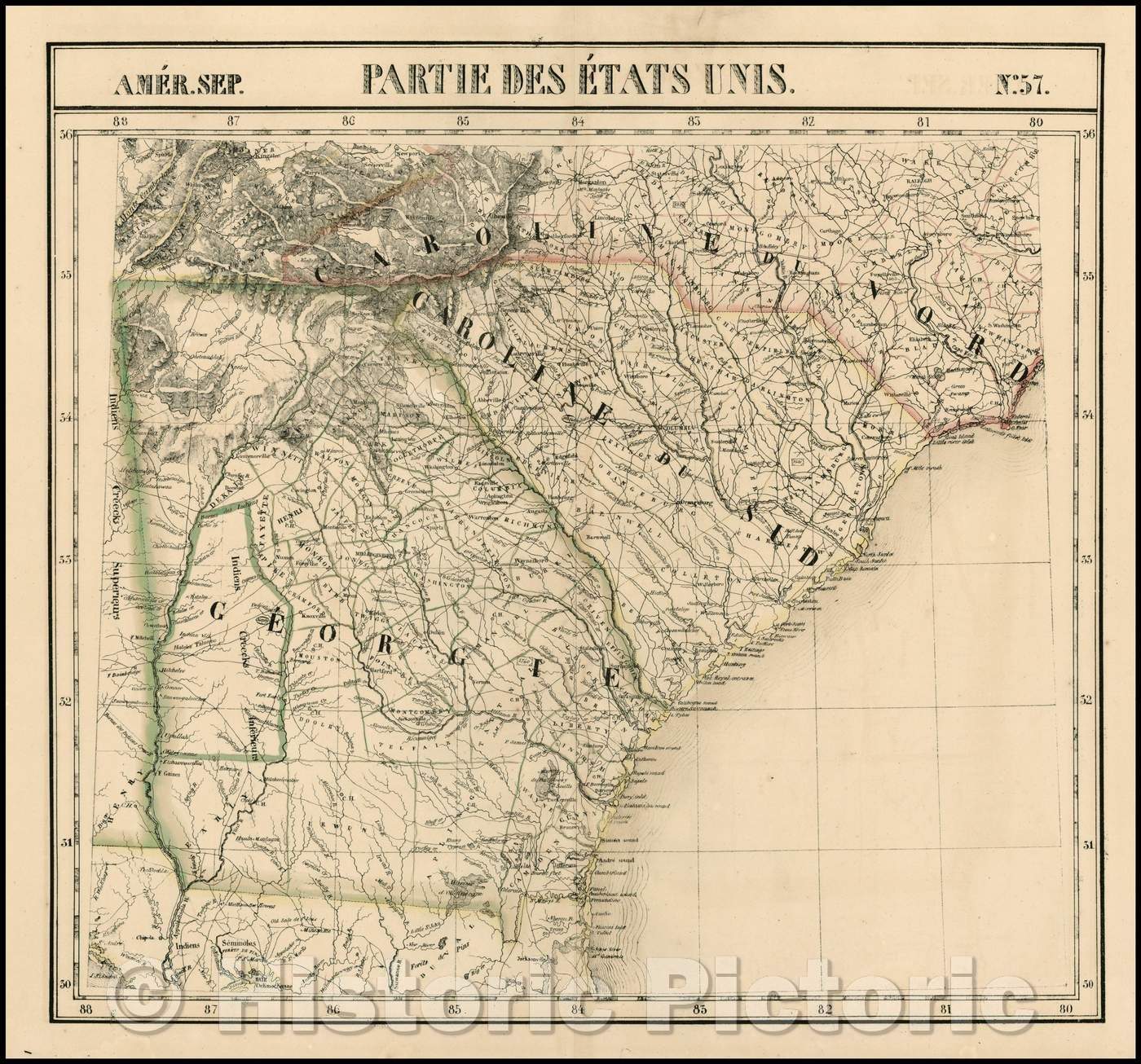 Historic Map - Amer. Sep. No. 57 Partie De Etats Unis Georgia, South Carolina, North Carolina & Northern Florida, 1825, Philippe Marie Vandermaelen v1