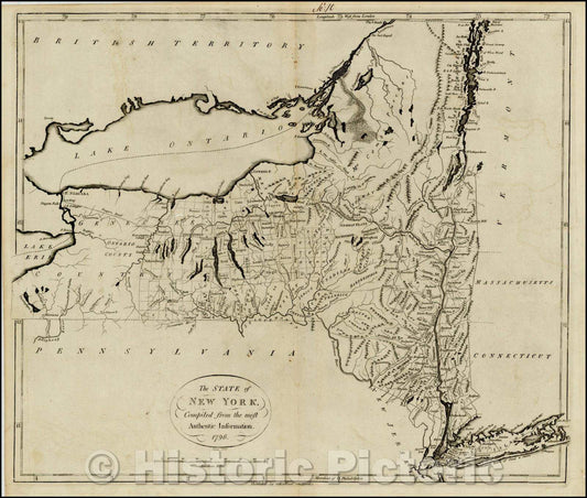 Historic Map - The State of New York, 1796, John Reid - Vintage Wall Art