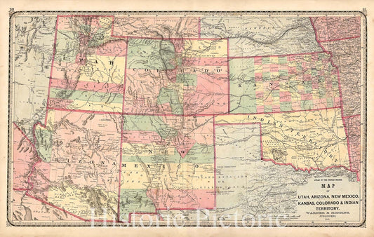 Historic Map - Map of Utah, Arizona, New Mexico, Kansas, Colorado and Indian Territory, 1869, H.H. Lloyd - Vintage Wall Art