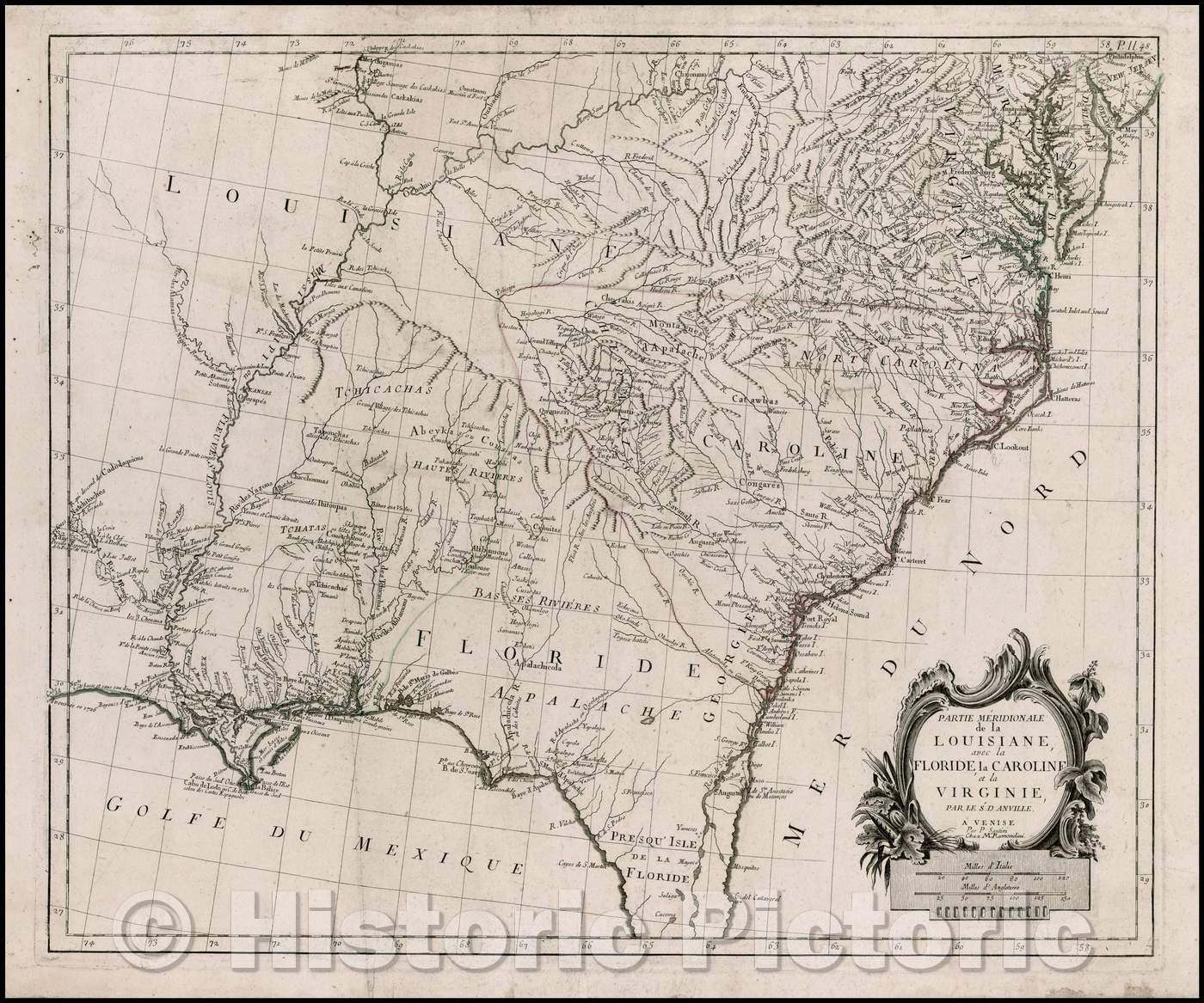 Historic Map - Partie Meridionale de la Louisiane, avec la Floride, la Caroline et la Virginie, Par Le Sr. D'Anville, 1780, Giovanni Antonio Remondini - Vintage Wall Art