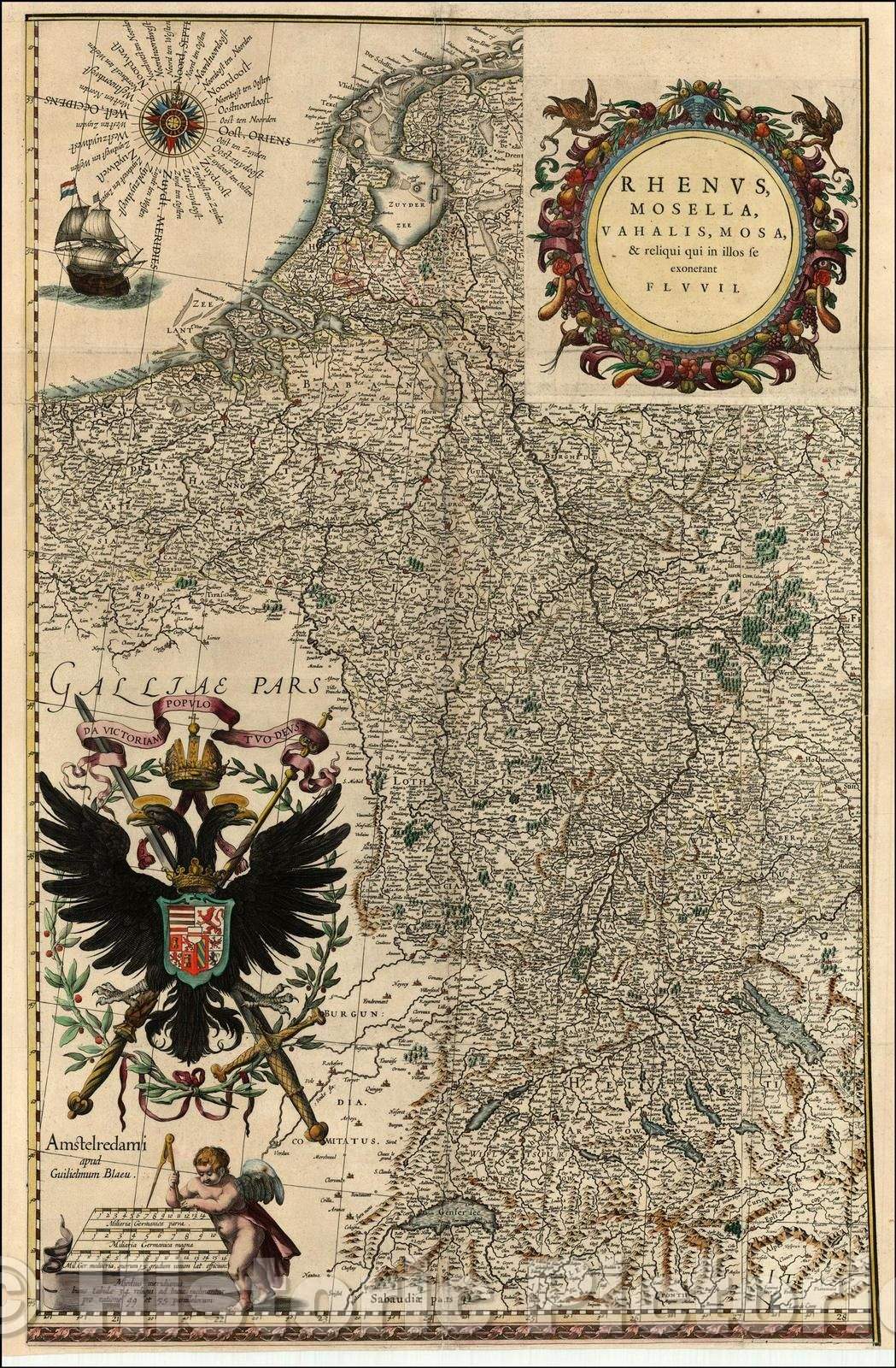 Historic Map - Rhenus, Mosella, Vahalis, Mosa & reliqui qui se exonerant fluvii, 1634, Willem Janszoon Blaeu v1