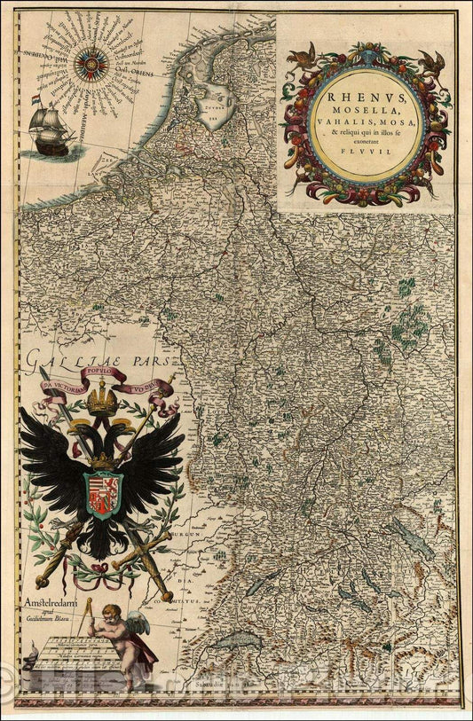 Historic Map - Rhenus, Mosella, Vahalis, Mosa & reliqui qui se exonerant fluvii, 1634, Willem Janszoon Blaeu v1