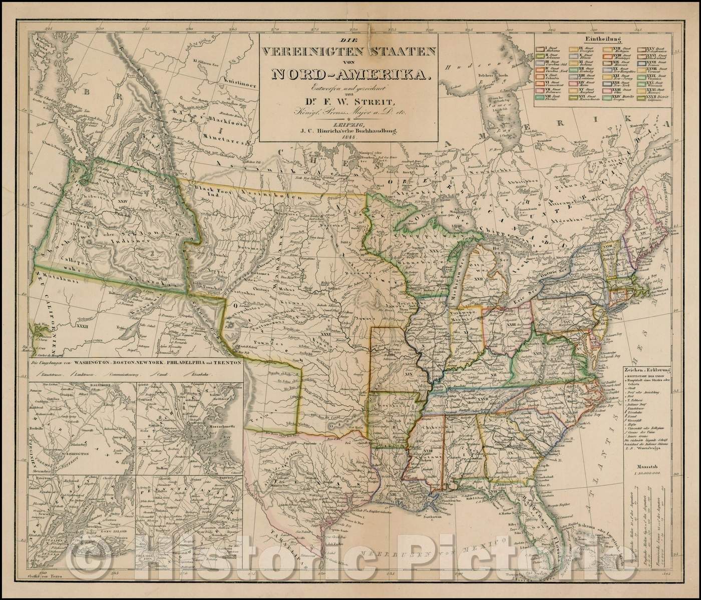 Historic Map - Die Vereinigten Staaten von Nord-Amerika :: Streit's of the United States, Region around Washington DC, Boston, Philadelphia and New York, 1848 - Vintage Wall Art