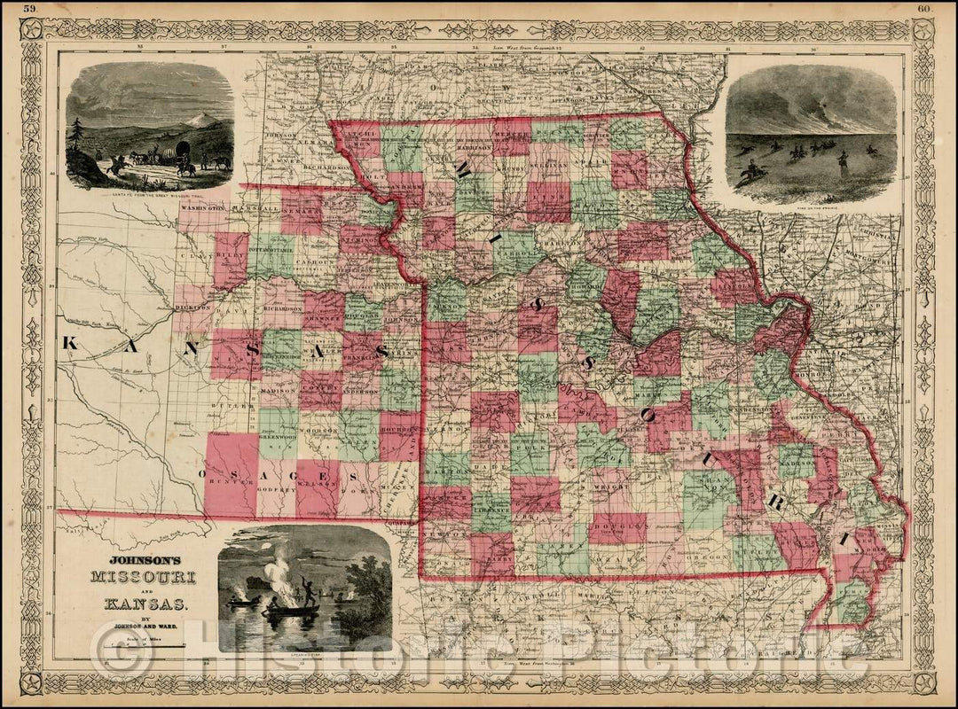 Historic Map - Johnson's Missouri and Kansas, 1862, Benjamin Ward v1