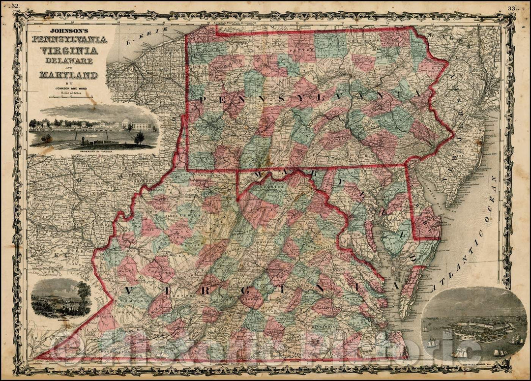 Historic Map - Johnson's Pennsylvania, Virginia, Delaware and Maryland, 1862, Benjamin Ward v1