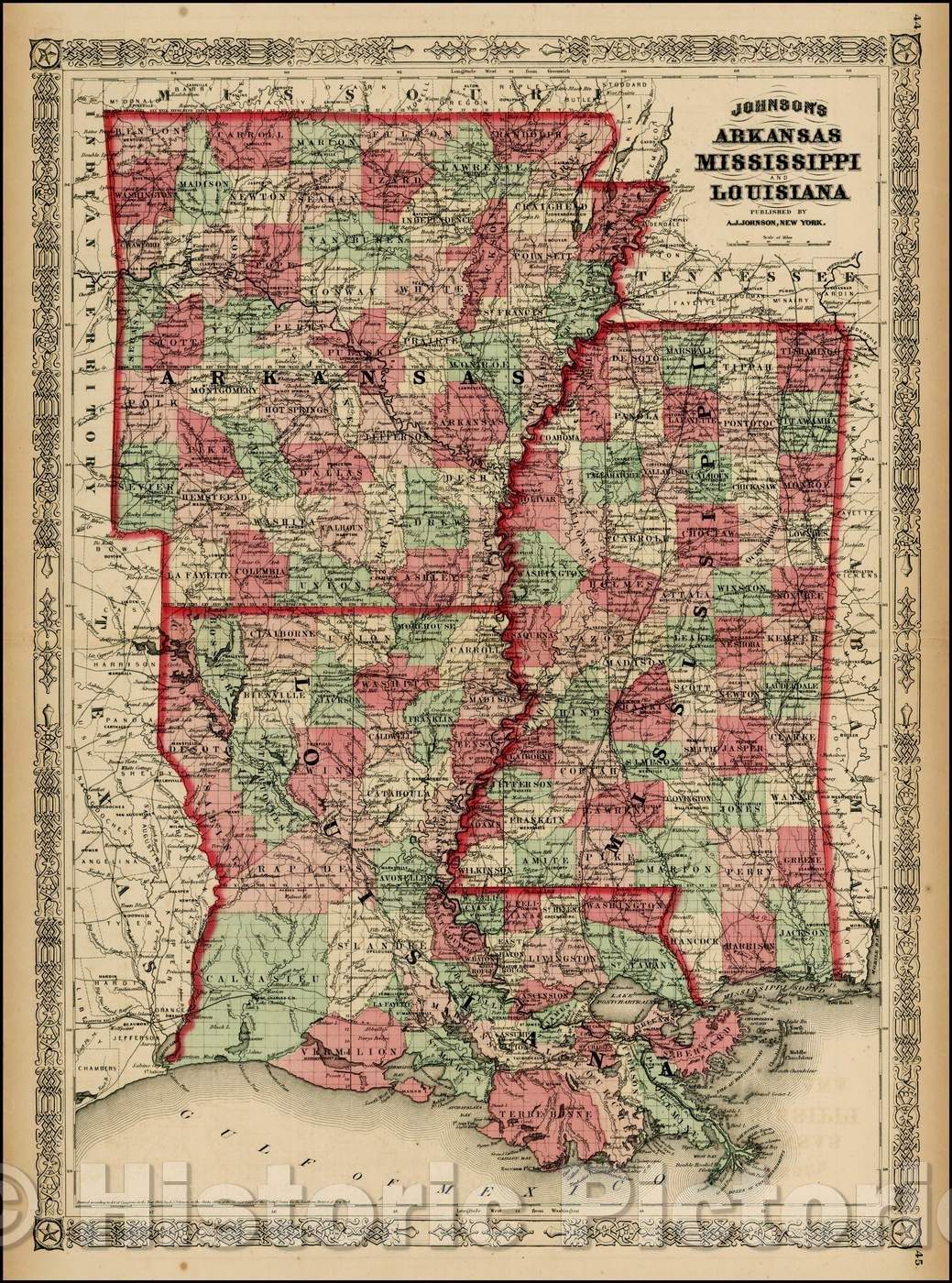 Historic Map - Johnson's Arkansas, Mississippi and Louisiana, 1863, Benjamin Ward - Vintage Wall Art