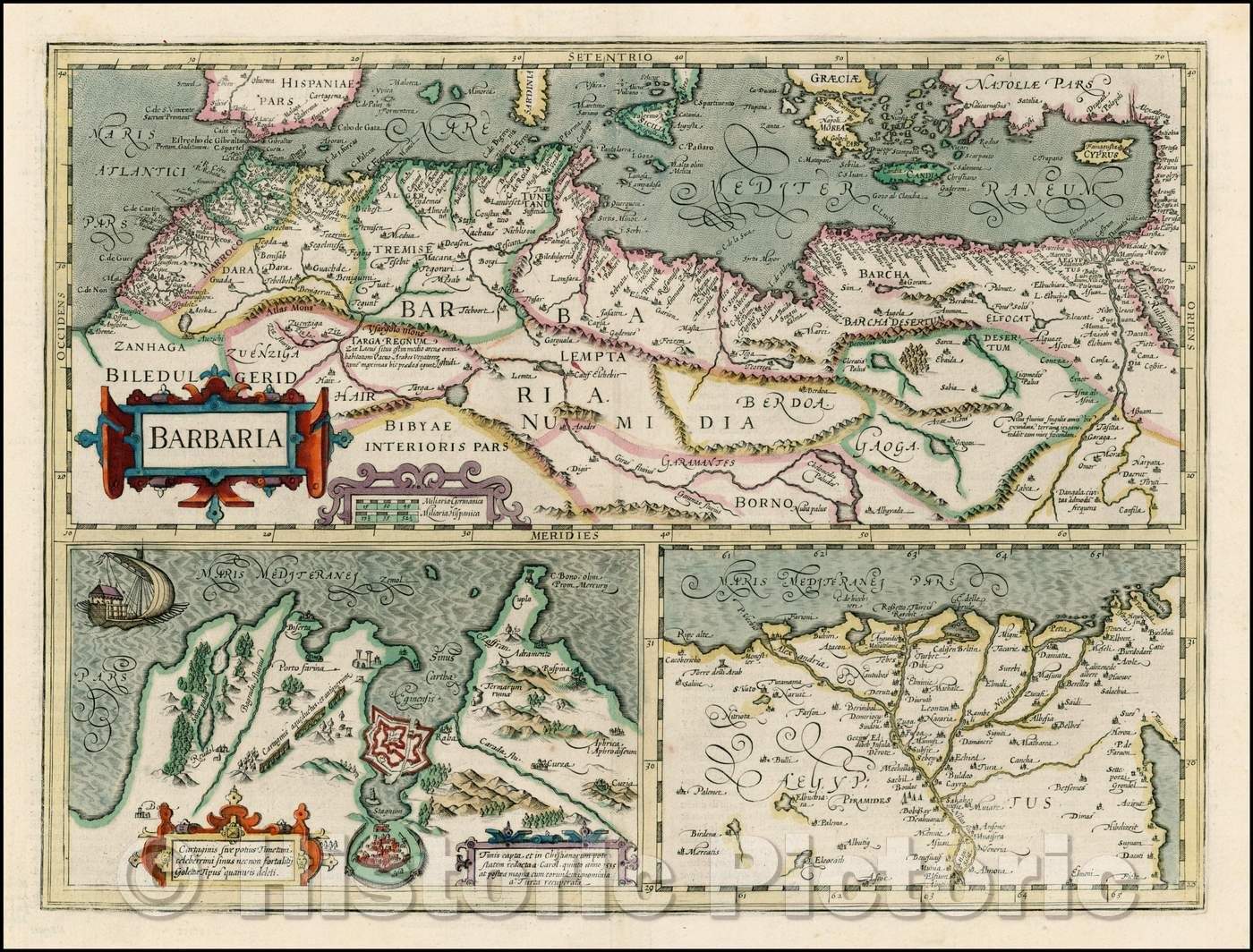 Historic Map - Barbaria with Cartaginis sive potius Tunetani celeberrimi Sinus nec non fortalitij, 1607, Henricus Hondius v1