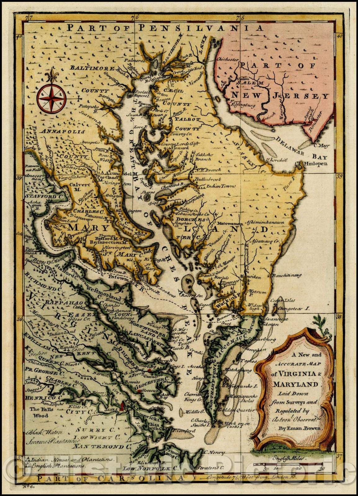 Historic Map - A New and Accurate Map of Virginia & Maryland Laid Down from Surveys and Regulated, 1747, Emanuel Bowen - Vintage Wall Art