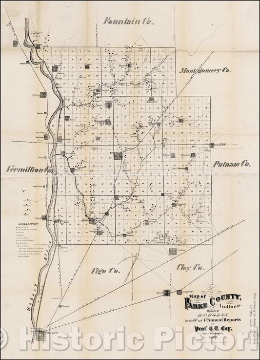 Historic Map - Map of Parke County, Indiana, 1872, Braden & Burford - Vintage Wall Art