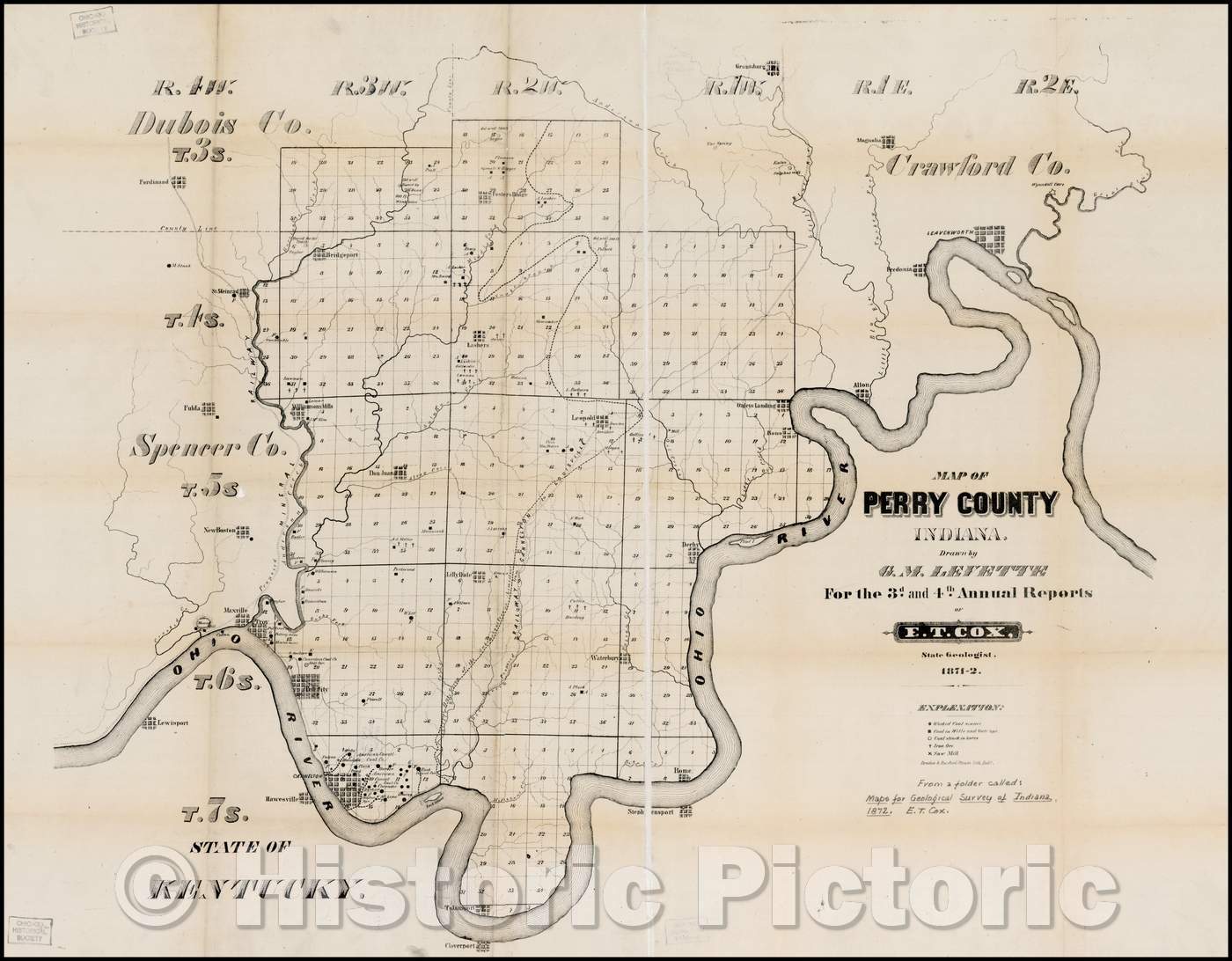 Historic Map - Map of Perry County Indiana, 1872, Braden & Burford - Vintage Wall Art