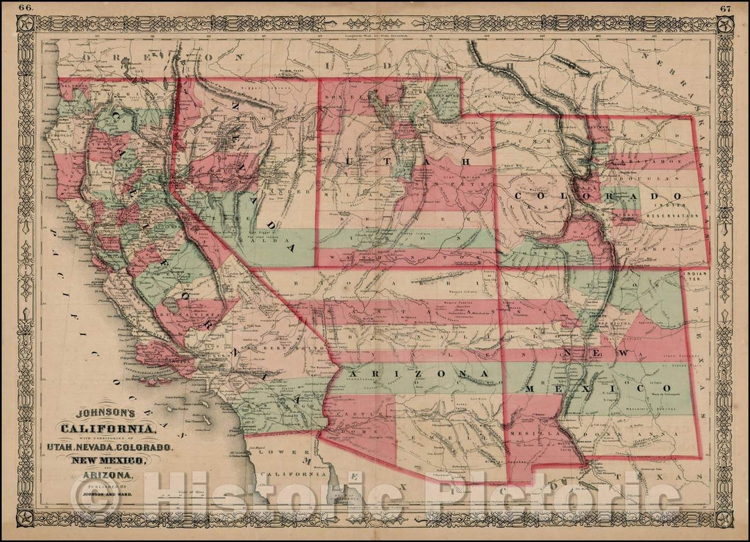 Historic Map - Johnson's California, with Territories of Utah, Nevada, Colorado, New Mexico and Arizona, 1864, Benjamin Ward v1