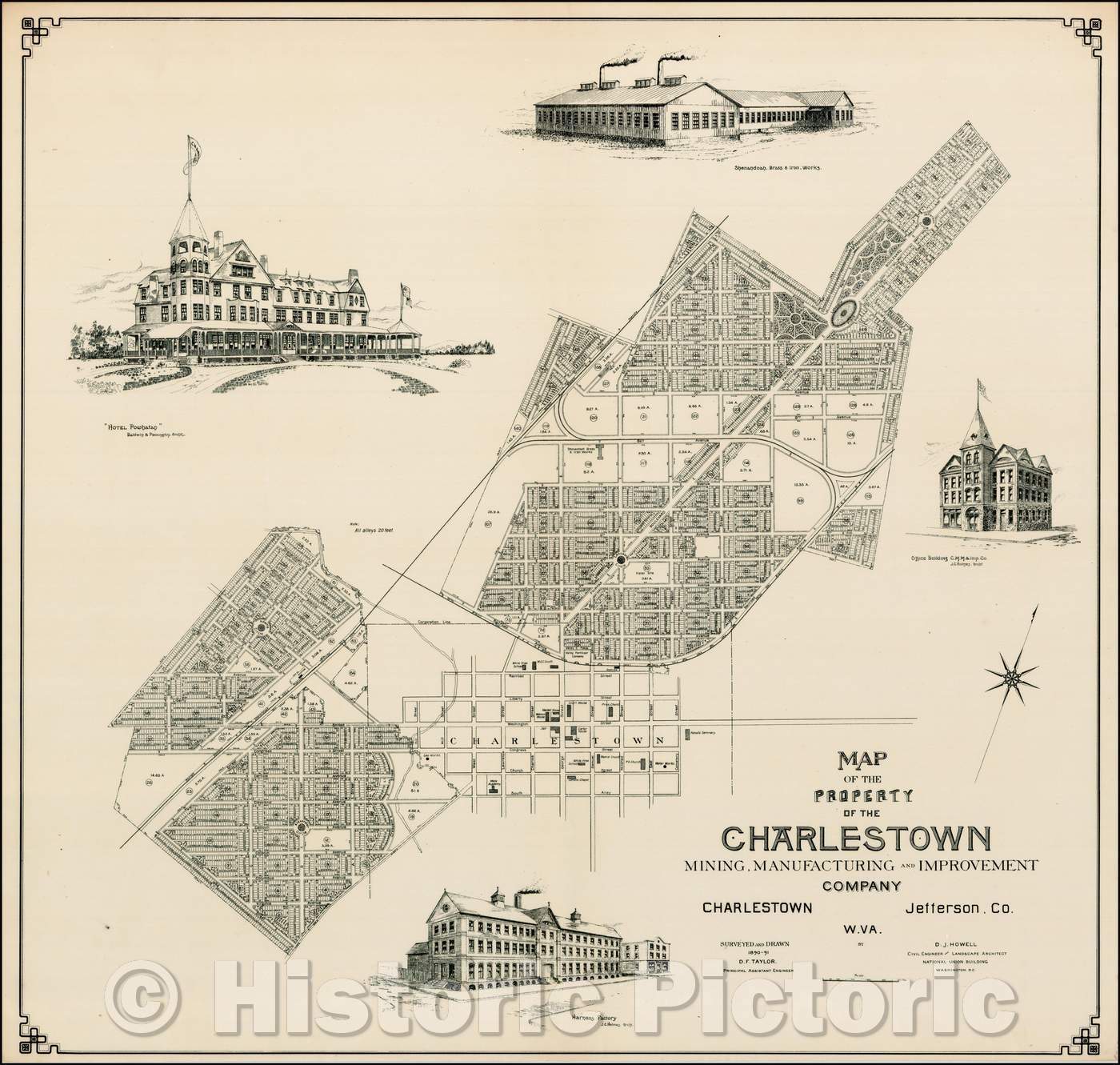 Historic Map - Map of the Property of the Charlestown Mining, Manufacturing and Improvement Company Charlestown Jefferson Co. W.VA, 1891, D.F. Taylor - Vintage Wall Art