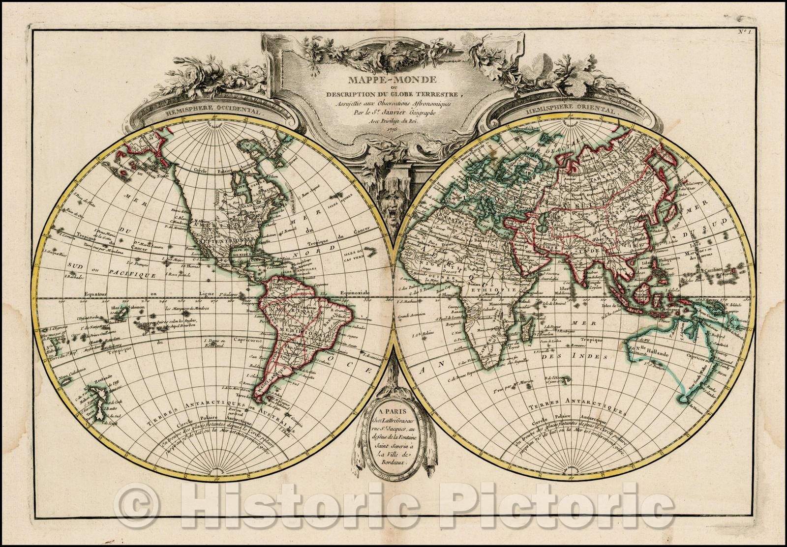 Historic Map - Mappe-Monde Geo Spherique ou Nouvelle Carte Ideale Du Globe/Maps World Geo Spherique or New Card Ideal Du Globe, 1775, Jean Lattre - Vintage Wall Art