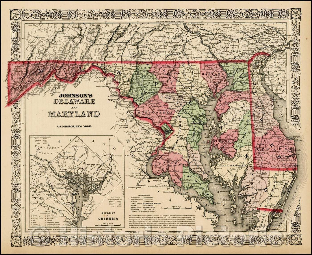 Historic Map - Johnson's Delaware and Maryland [Inset map of Washington DC], 1865, Alvin Jewett Johnson - Vintage Wall Art