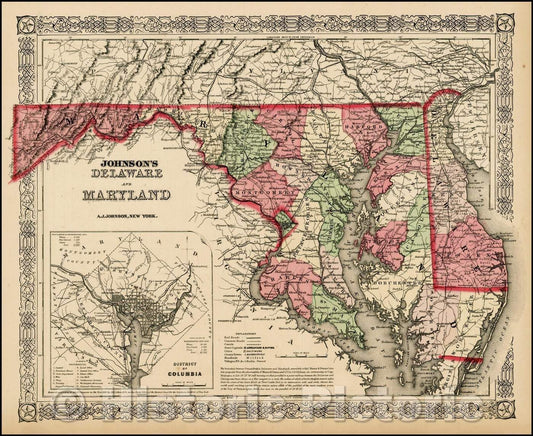 Historic Map - Johnson's Delaware and Maryland [Inset map of Washington DC], 1865, Alvin Jewett Johnson - Vintage Wall Art