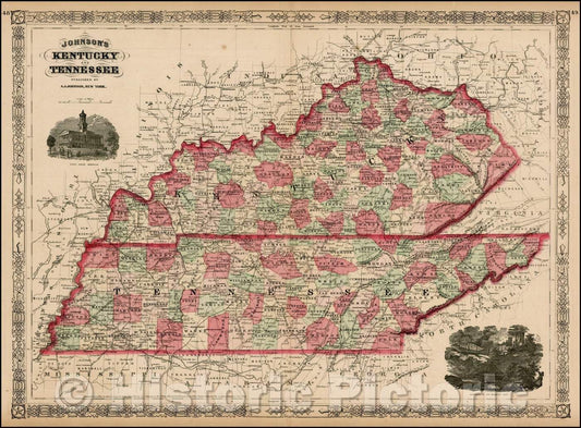 Historic Map - Johnson's Kentucky and Tennessee, 1864, Alvin Jewett Johnson - Vintage Wall Art