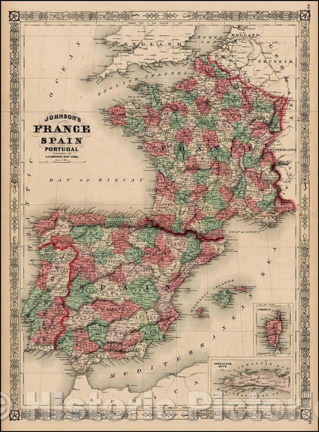 Historic Map - Johnson's France Spain and Portugal, 1864, Alvin Jewett Johnson - Vintage Wall Art