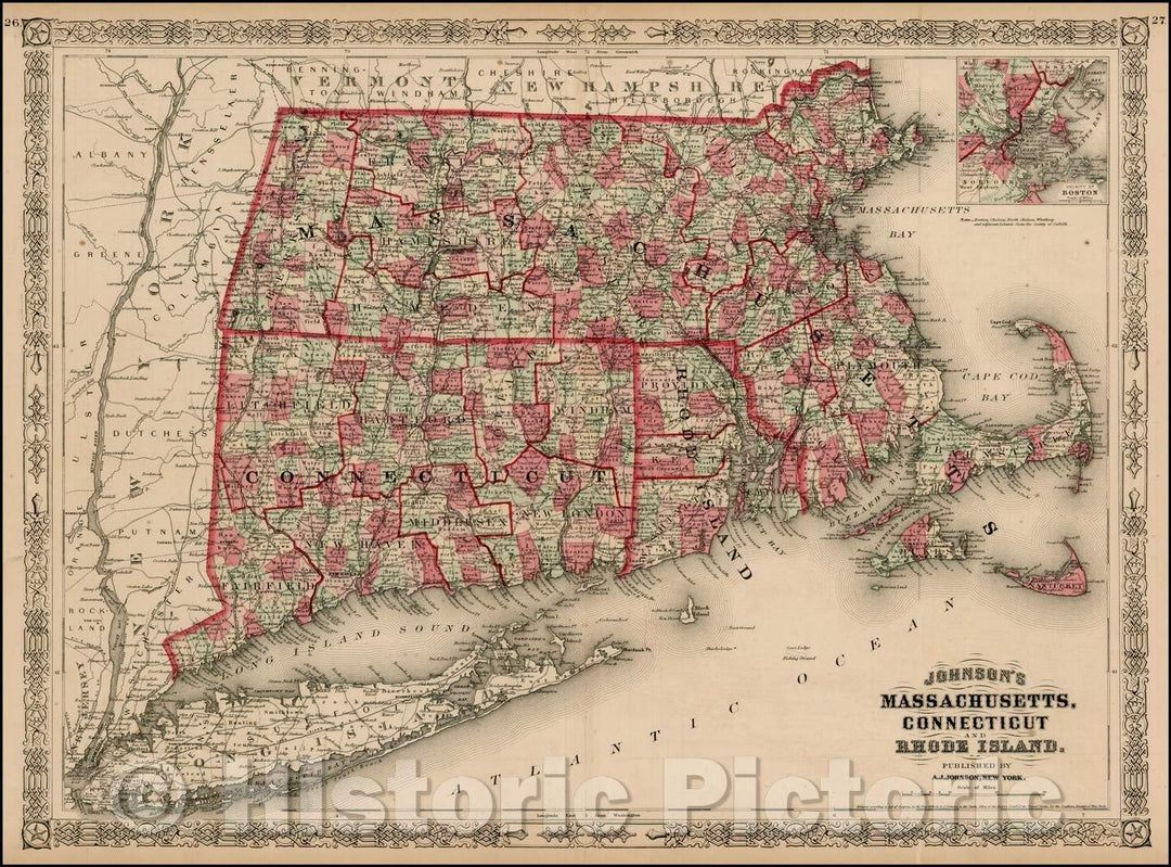 Historic Map - Johnson's Massachusetts Connecticut and Rhode Island, 1865, Benjamin Ward - Vintage Wall Art