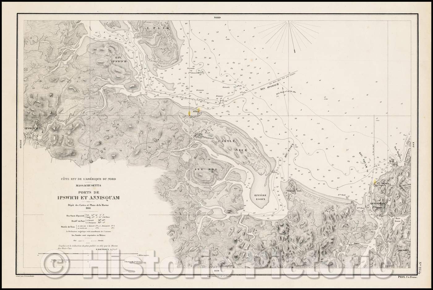 Historic Map - Cote Est De L'Amerique Du Nord - Massachusetts :: Chart of Massachusetts Coastline,Plum Island,Ipswich,Hodgkin Bay, 1866 - Vintage Wall Art
