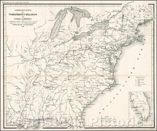 Historic Map - Uebersichts-Karte der Vereinigten Staaten von Nord-America enthaltend/German Railroad Map of the US, earliest non-English language, 1836 - Vintage Wall Art