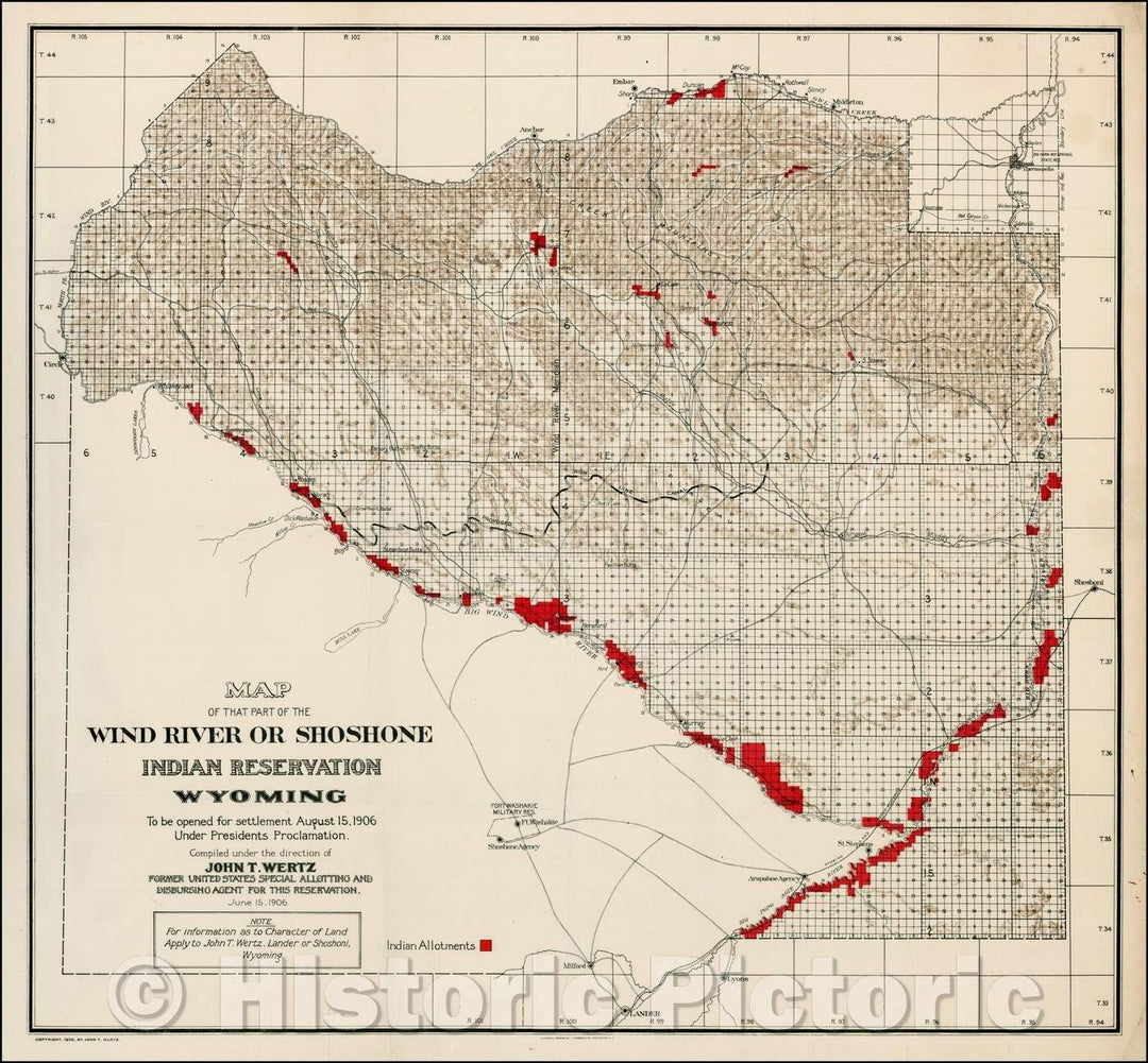 Historic Map - Map of that Part of the Wind River or Shoshone Indian Reservation To Be Opened For Settlement August 15, 1906, 1906 - Vintage Wall Art