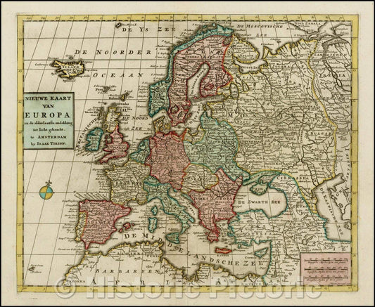 Historic Map - Nieuwe Kaart Van Europa, na de laatste ondekking int licht gebracht/Map of Europe, colored by countries. Wide-margined example, 1754 - Vintage Wall Art