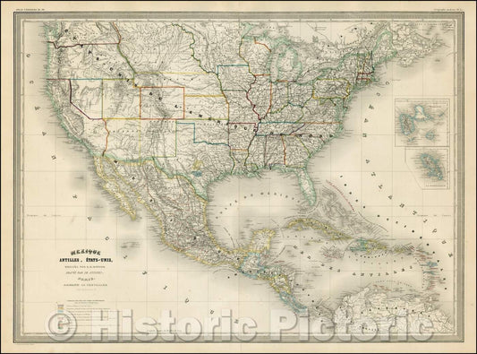 Historic Map - Mexique, Antilles, Etats-Unis, 1865, Adolphe Hippolyte Dufour - Vintage Wall Art