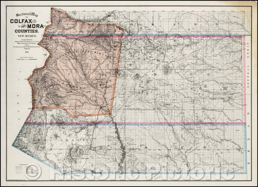 Historic Map - Sectional Map of Colfax and Mora Counties. New Mexico, 1889, Edward Rollandet - Vintage Wall Art