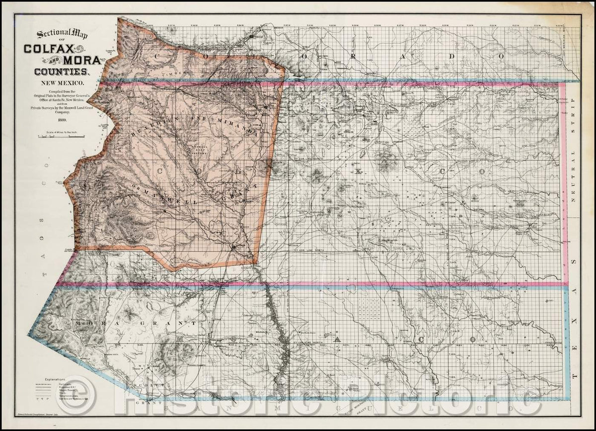 Historic Map - Sectional Map of Colfax and Mora Counties. New Mexico, 1889, Edward Rollandet - Vintage Wall Art