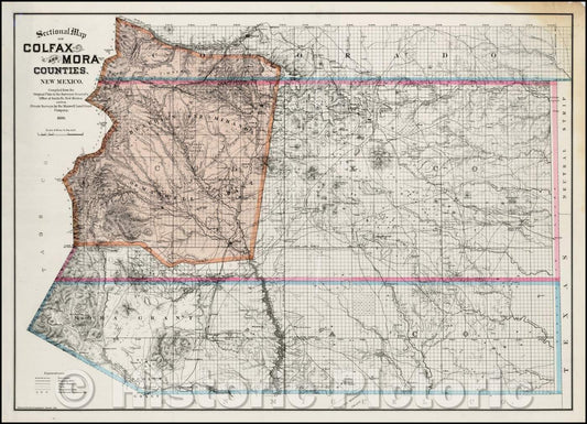 Historic Map - Sectional Map of Colfax and Mora Counties. New Mexico, 1889, Edward Rollandet - Vintage Wall Art