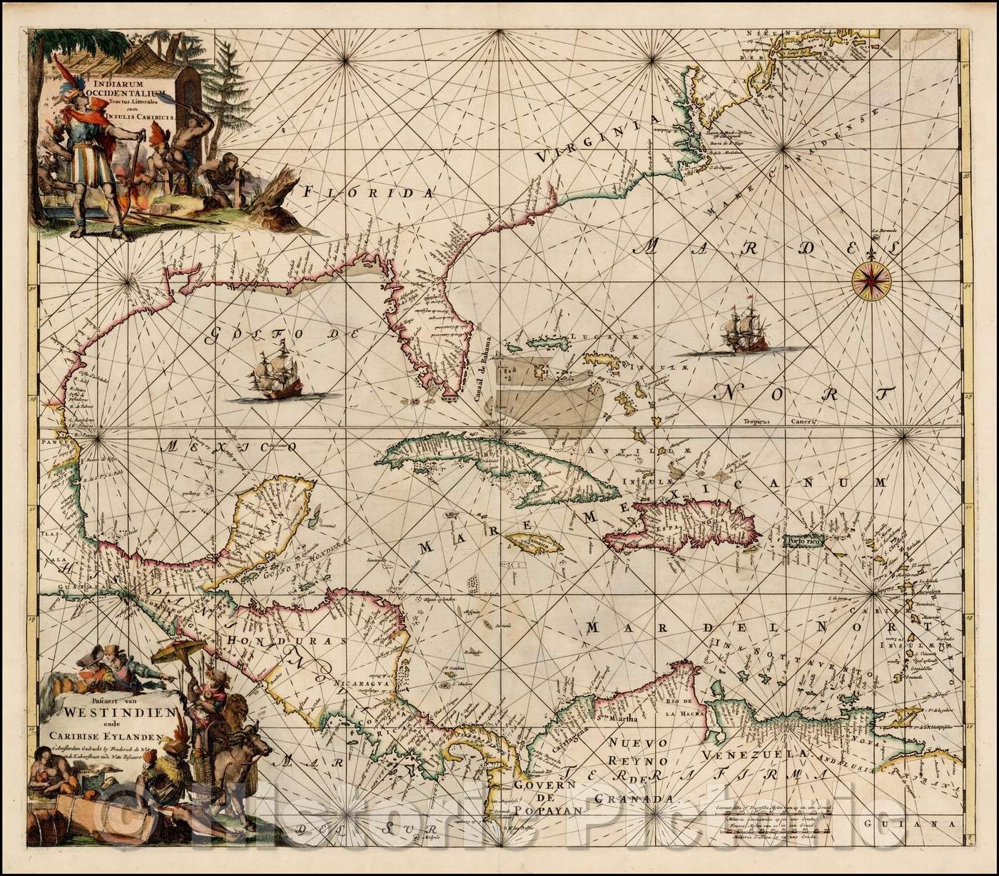 Historic Map - Indiarum Occidentalium Tractus Littorales cum Insulis Caribicis/Pascaert van Westindien ende Caribise Eylanden, 1680, Frederick De Wit v1