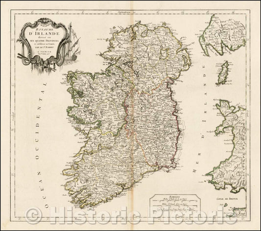 Historic Map - Carte De Royaume D'Irlande divise en ses Quatre Provinces et subdivise en Comtes/Map of Ireland, Extends east to show the Isle of Man, 1778 - Vintage Wall Art