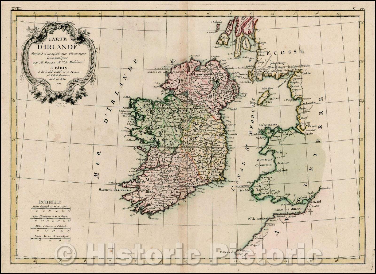 Historic Map - Carte D'Irlande, 1771, Jean Lattre - Vintage Wall Art