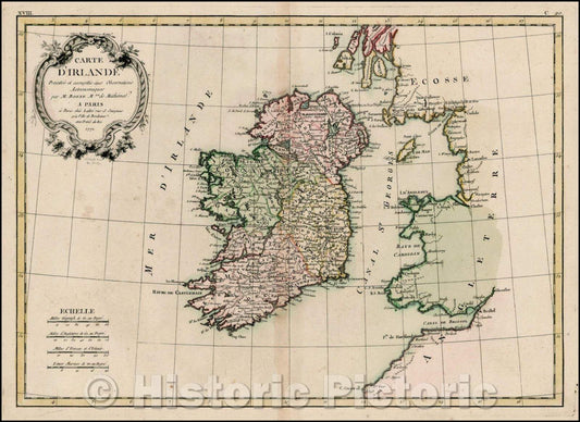 Historic Map - Carte D'Irlande, 1771, Jean Lattre - Vintage Wall Art