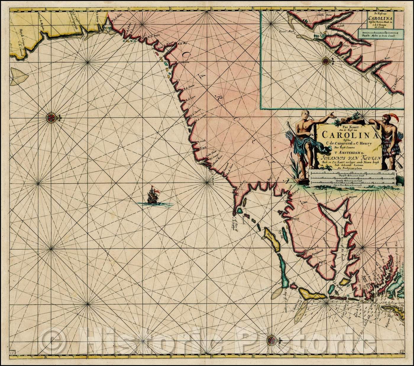 Historic Map - Pas Kaart Van de Kust van Carolina Tusschen C de Canaveral en C Henry, 1684, Johannes Van Keulen v1
