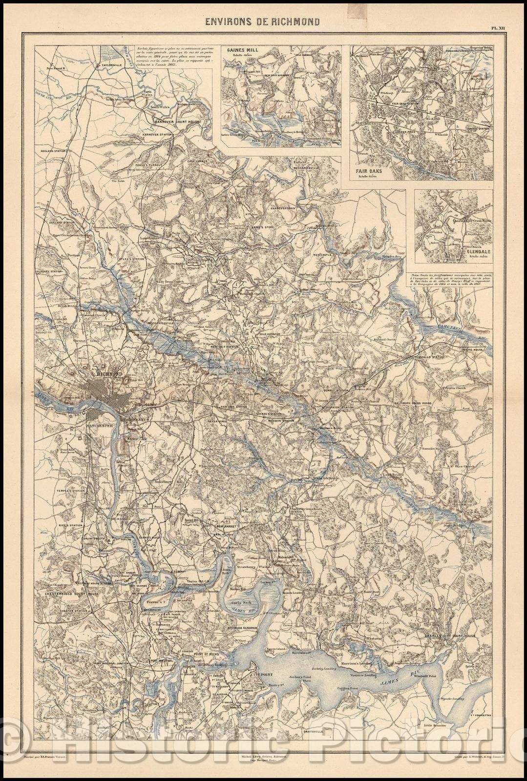 Historic Map - Environs de Richmond/Civil war battle Map, drawn by Edouard Dumas Vorzet, 1874, Edouard Dumas Vorzet - Vintage Wall Art