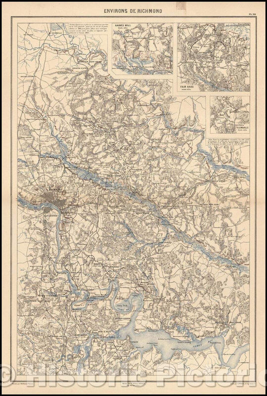 Historic Map - Environs de Richmond/Civil war battle Map, drawn by Edouard Dumas Vorzet, 1874, Edouard Dumas Vorzet - Vintage Wall Art