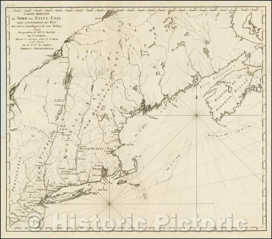 Historic Map - Carte Reduite de Nord des Etats-Unis Avec L'Interieur Du Pays :: Plan of the Northeastern United States and part of Canada, from Le Boucher's, 1788 - Vintage Wall Art