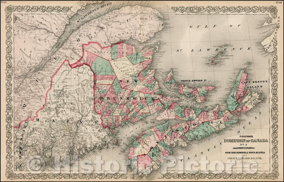 Historic Map - Colton's Dominion of Canada No 3 the Provinces of New Brunswick & Nova Scotia and Prince Edward Island, 1865, Joseph Hutchins Colton - Vintage Wall Art