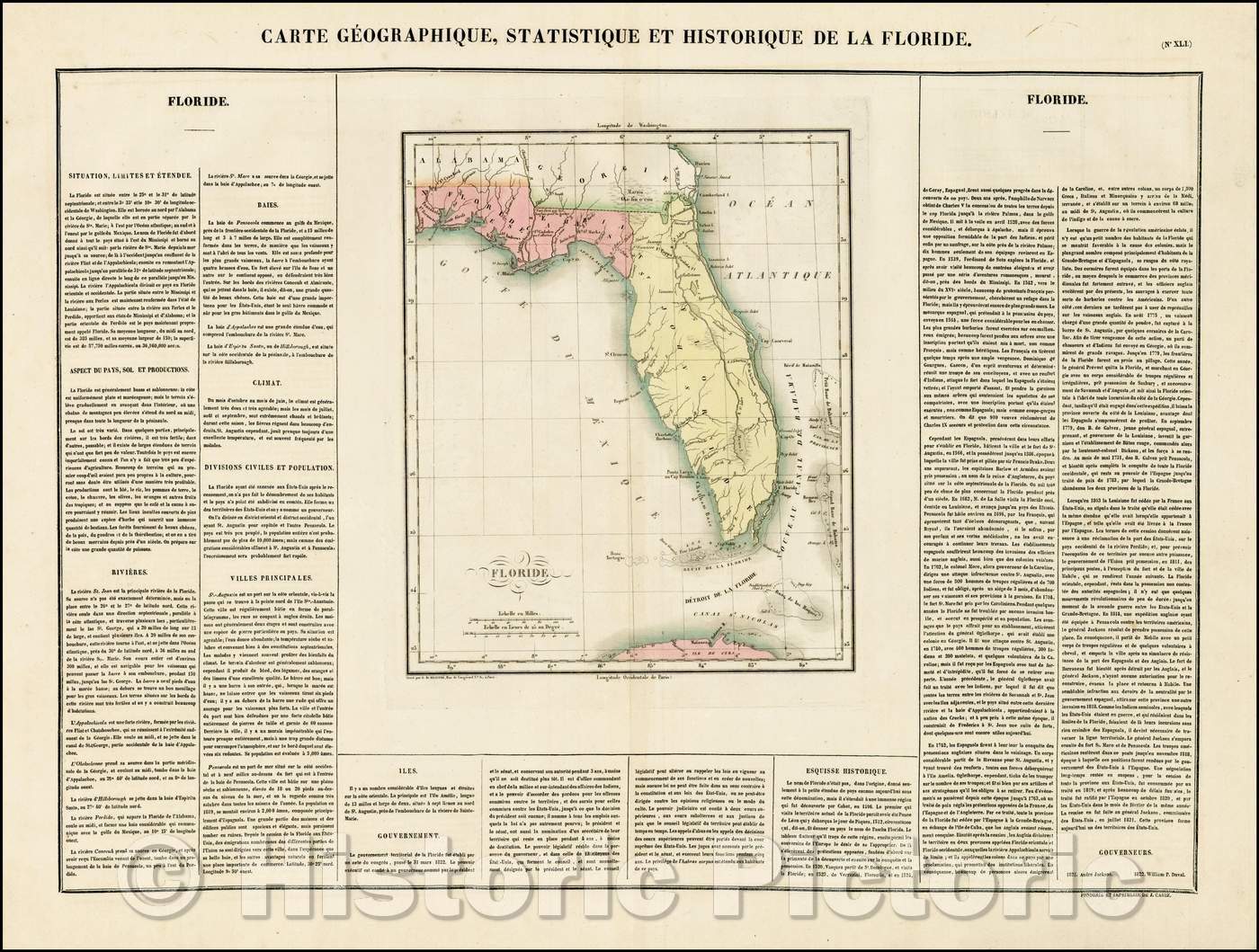 Historic Map - Carte Geographique, Statistique Et Historique De La Florida, 1825, Jean Alexandre Buchon - Vintage Wall Art
