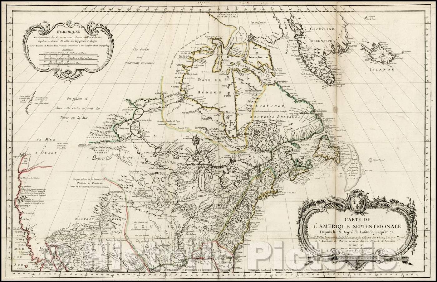 Historic Map - Carte de L'Amerique Septentrionale Depuis to 28 Degre de Latitude Jusqu'au, 1755, Jacques Nicolas Bellin v1