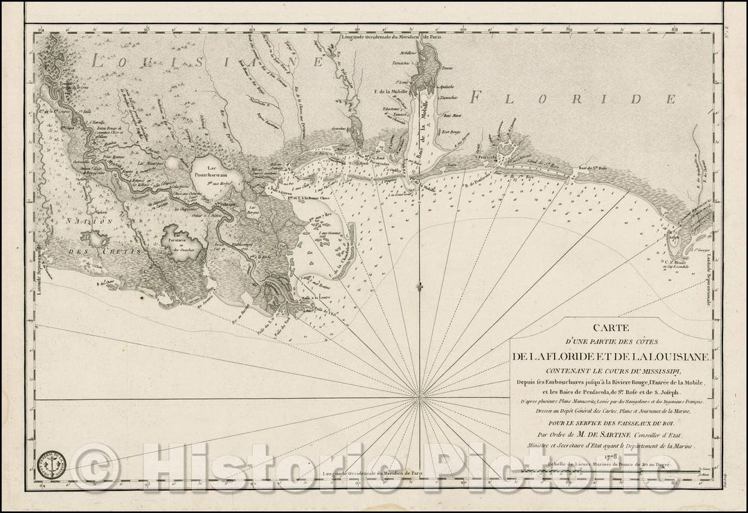 Historic Map - Carte D'Une Partie Des Cotes De La Floride Et De La Louisiane/Map,Gulf Coast,Appalachia River in Florida to the Red River, 1778 - Vintage Wall Art