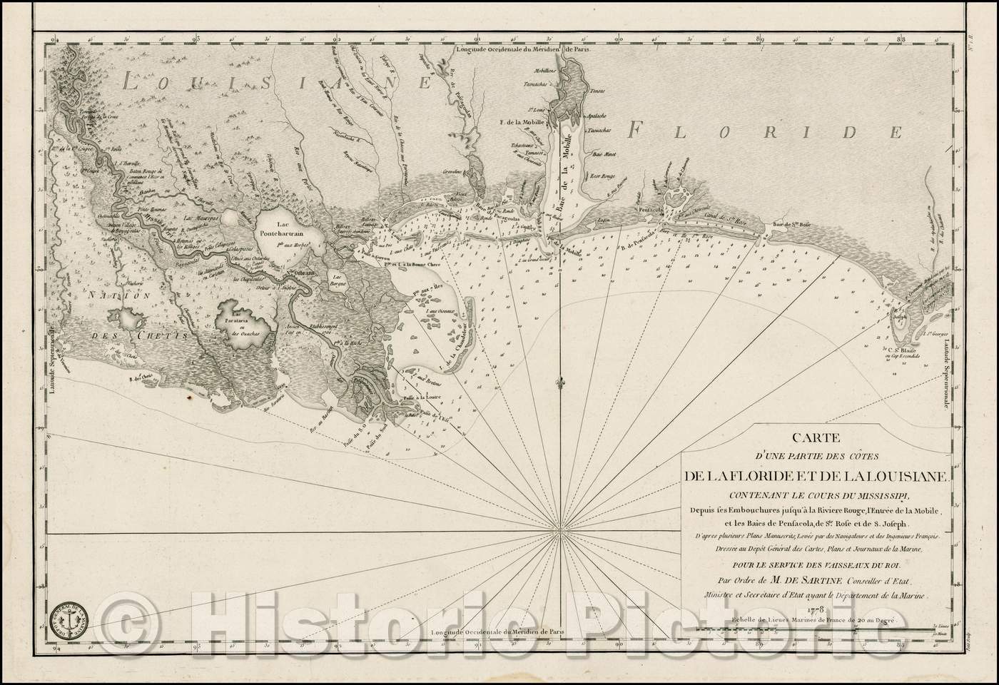 Historic Map - Carte D'Une Partie Des Cotes De La Floride Et De La Louisiane/Map,Gulf Coast,Appalachia River in Florida to the Red River, 1778 - Vintage Wall Art