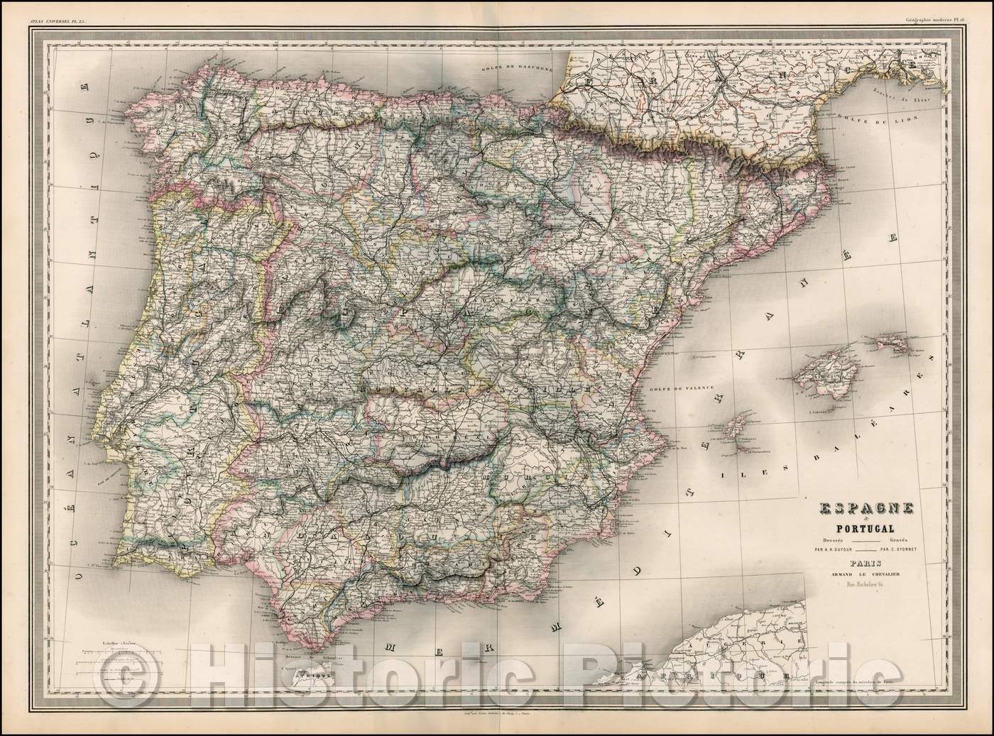 Historic Map - Espagne et Portugal/Spain and Portugal, 1864, Adolphe Hippolyte Dufour - Vintage Wall Art