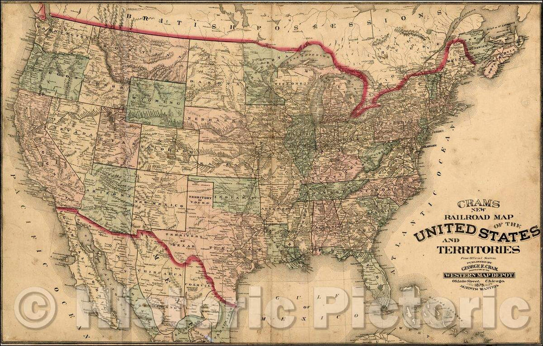 Historic Map - Cram's New Railroad Map of the United States And Territories From Official Sources, 1875, George F. Cram - Vintage Wall Art