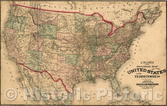 Historic Map - Cram's New Railroad Map of the United States And Territories From Official Sources, 1875, George F. Cram - Vintage Wall Art