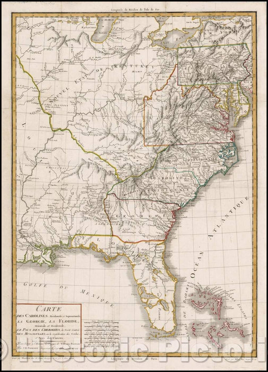 Historic Map - Carte des Carolines meridionale et septentrionale/Map of the Carolinas southernmost and northernmost, Georgia, Florida, East and West, 1799 - Vintage Wall Art