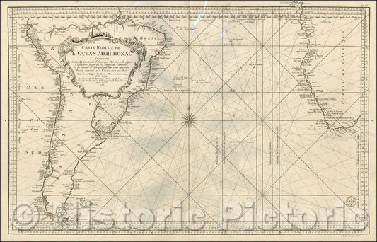 Historic Map - Carte Reduite De L'Ocean Meridional Contenant Toutes les Costes de l'Amerique Meridionale depus l'Equateur, 1753, Depot de la Marine - Vintage Wall Art